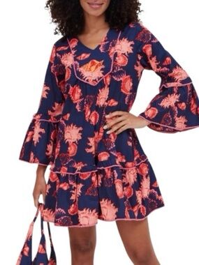 Moda Posa Ileria Shell Me About It Navy and Coral Tiered Bell Sleeve Mini Dress